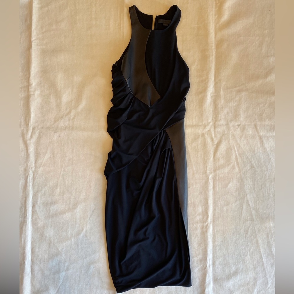 Like New Alexander Wang Leather and Nylon Twist Body Con Rouched Dress